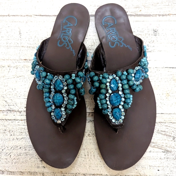 Carlos Sandals Flip Flops Teal Beading Rhinestones Flat by Santana size 9 - Picture 2 of 4
